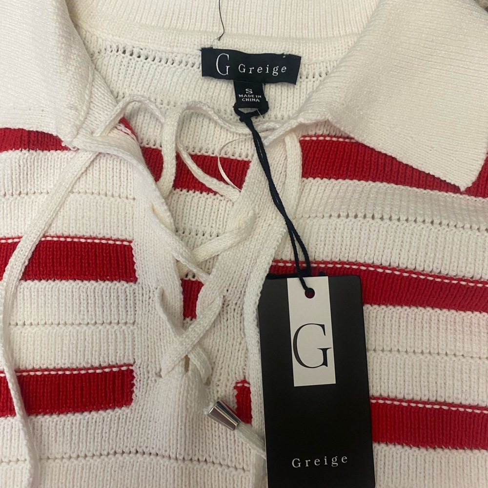Greige Red & White Striped Lace-Up Knit Sweater - Picture 2 of 3